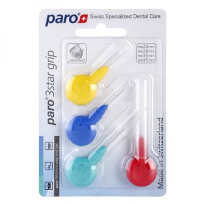 Slika Paro medzobna ščetka 3star grip, trikotna, 4 velikosti (2.0 - 4.5 mm), grip držalo, blister, 4x