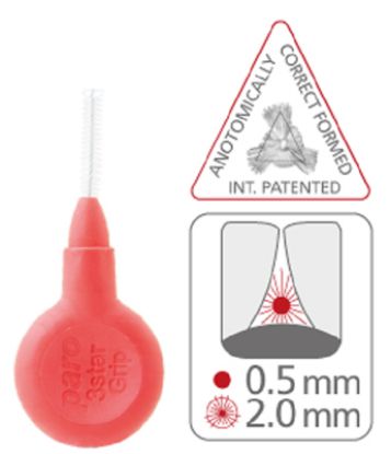 Slika Paro medzobna ščetka 3star grip rdeča, trikotna, velikost 2.0 mm (  žice 0.5 mm), grip držalo, blister, 4x