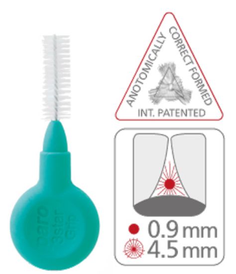 Slika Paro medzobna ščetka 3star grip zelena, trikotna, velikost 4.5 mm (  žice 0.8 mm), grip držalo, blister, 4x