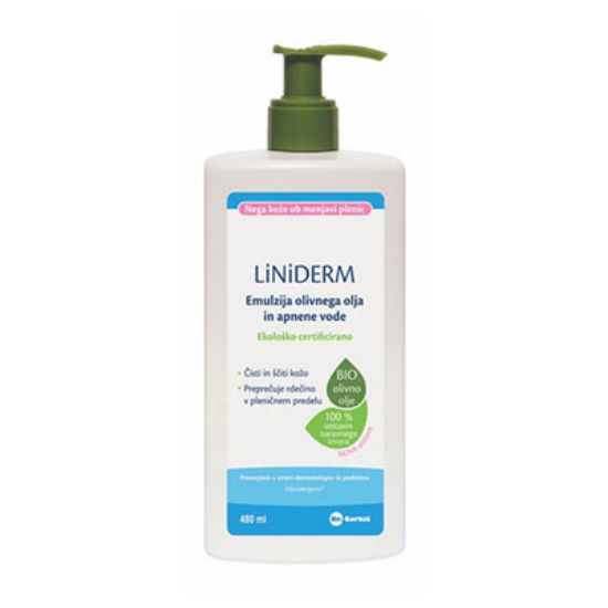 Slika Liniderm emulzija olivnega olja in apnene vode bio plastenka s pumpico 480 ml